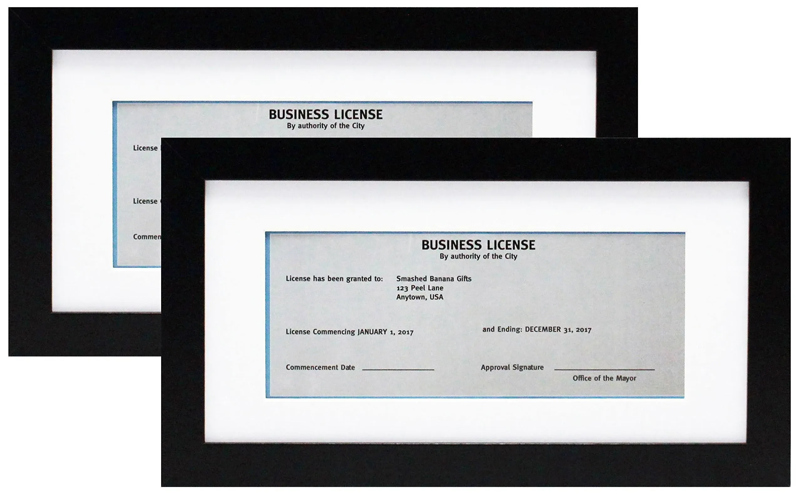 5x10 Black Gallery Business License Frame with 3.5x8 Mat - Two Frames - Wide