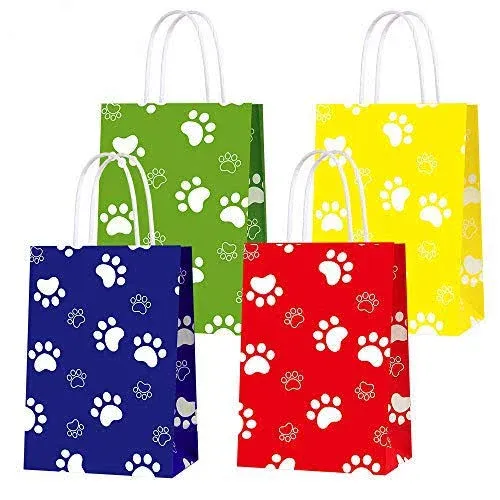 Party Gift Bags for Paw Dog Toys Puppy Party Supplies Party Decor, Party Favor Bags for Boys Girls Birthday Favor Goodie Candy Treat Gift Party Favor Paw Print Bag- 16 PCS (4 Colors)