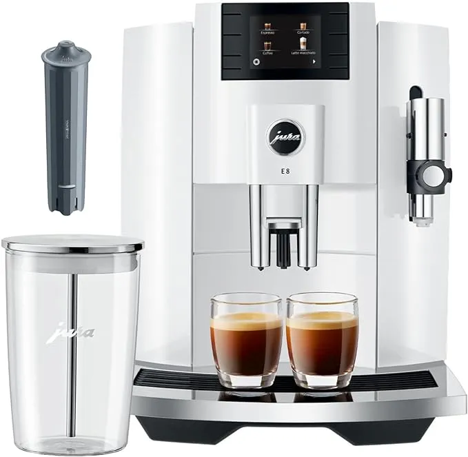 Jura E8 Automatic Espresso Machine,2.8 inches (Piano White) Bundle with Glass Milk Container and Coffee Canister with Measuring Spoon (3 Items)