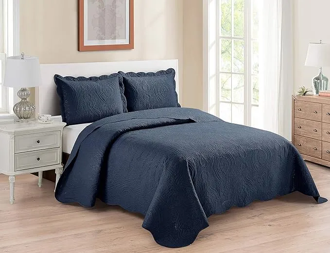 Navy Blue King California King Bedspread Set 3pc Microfiber Pillow Shams