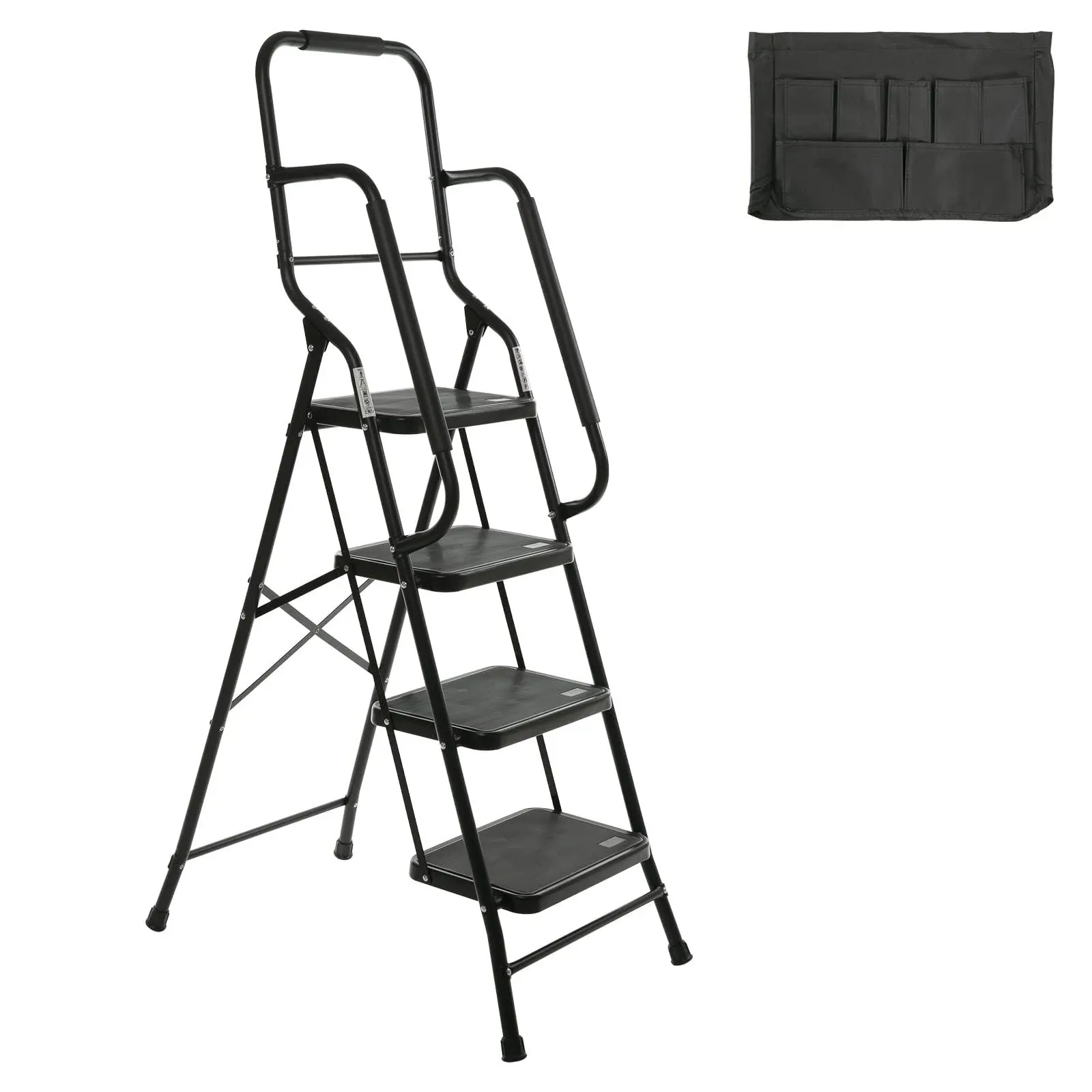 Usinso 4 Step Ladder Tool Ladder Folding Portable Steel Frame MAX 500 lbs Non-Slip Side armrests Large Area Pedals Detachable ToolBag Suitable for Home Office Engineering White