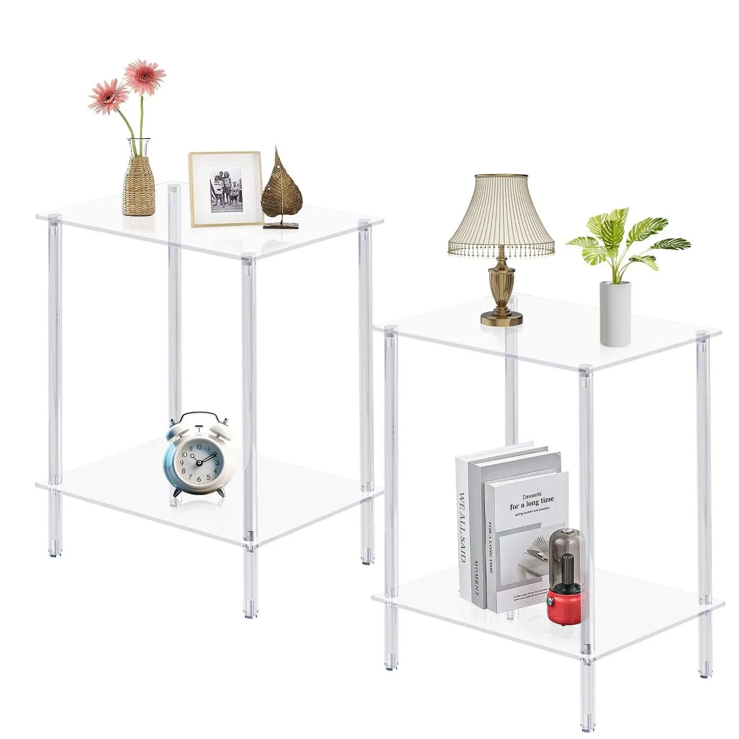 Acrylic Side Tables with 2 Shelve End Table Set of 2 Nightstands for Tight Sp...