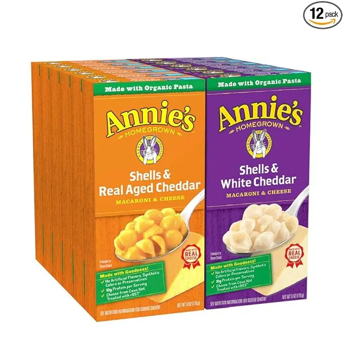 Annie's Organic Macaroni and Cheese Variety Pack, Shells & White Cheddar and Shells & Real Aged Cheddar, 6 oz (Pack of 12)