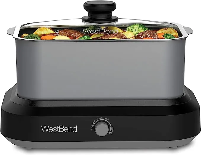 West Bend 87905 Slow Cooker Large Capacity Non-stick Vessel with Variable Temperature Control Includes Travel Lid and Thermal Carrying Case, 5-Quart, Silver