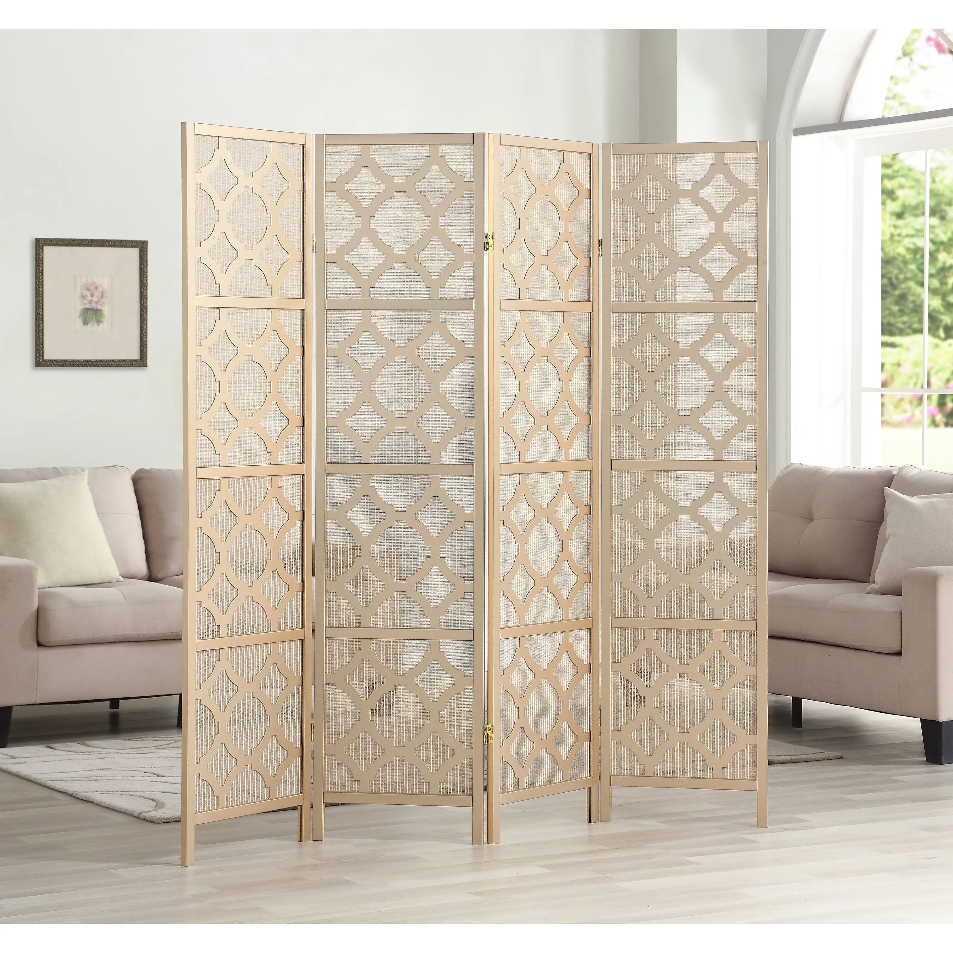 Quarterfoil infused Diamond Design 4-Panel Room Divider, Gold