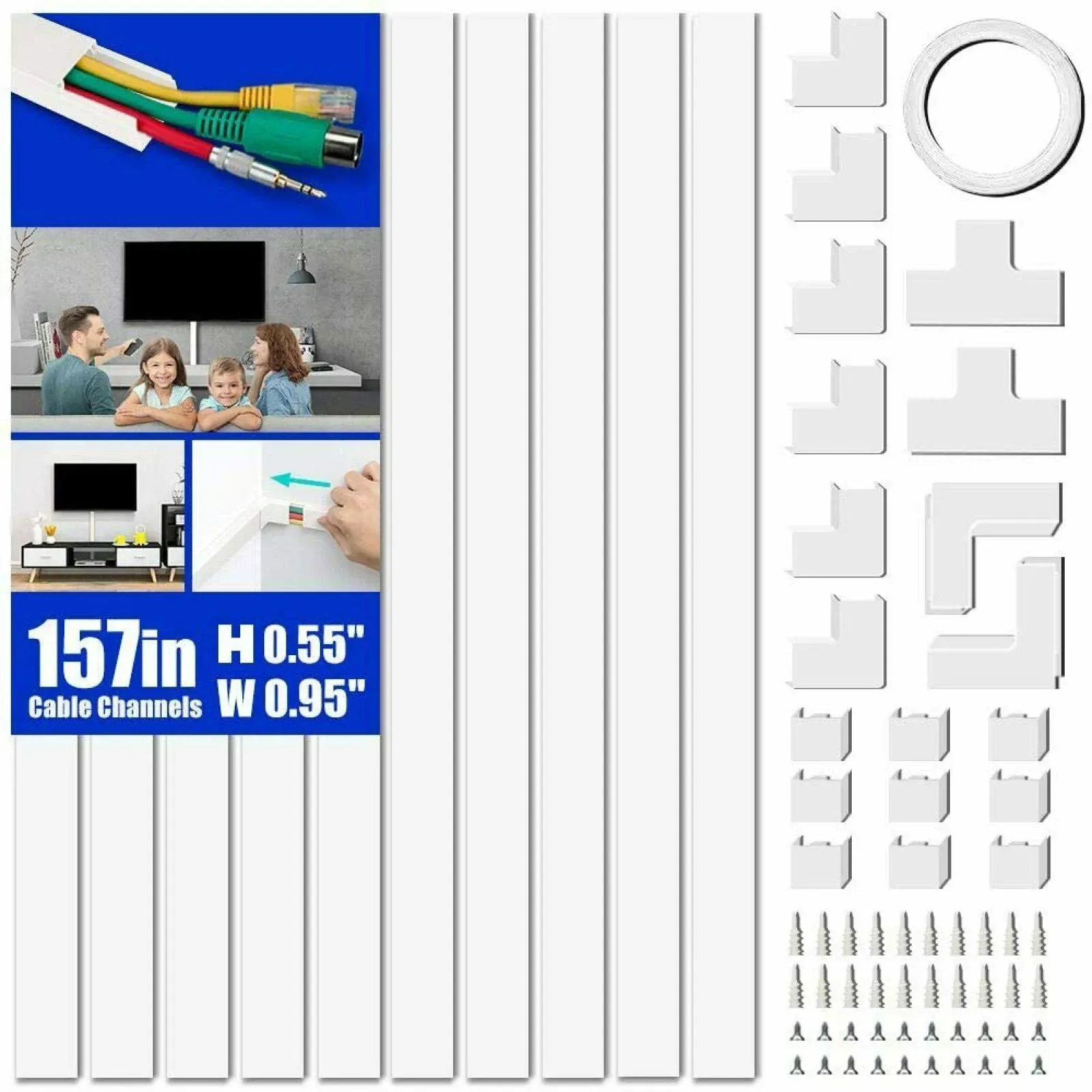 Cord Cover Raceway Kit, 157in Cable Cover Channel, Paintable Cord Concealer System , Cord Wires Hider, Hiding Wall Mount TV Powers Cords in Home Office, 10X L15.7in X W0.95in X H0.55in, White