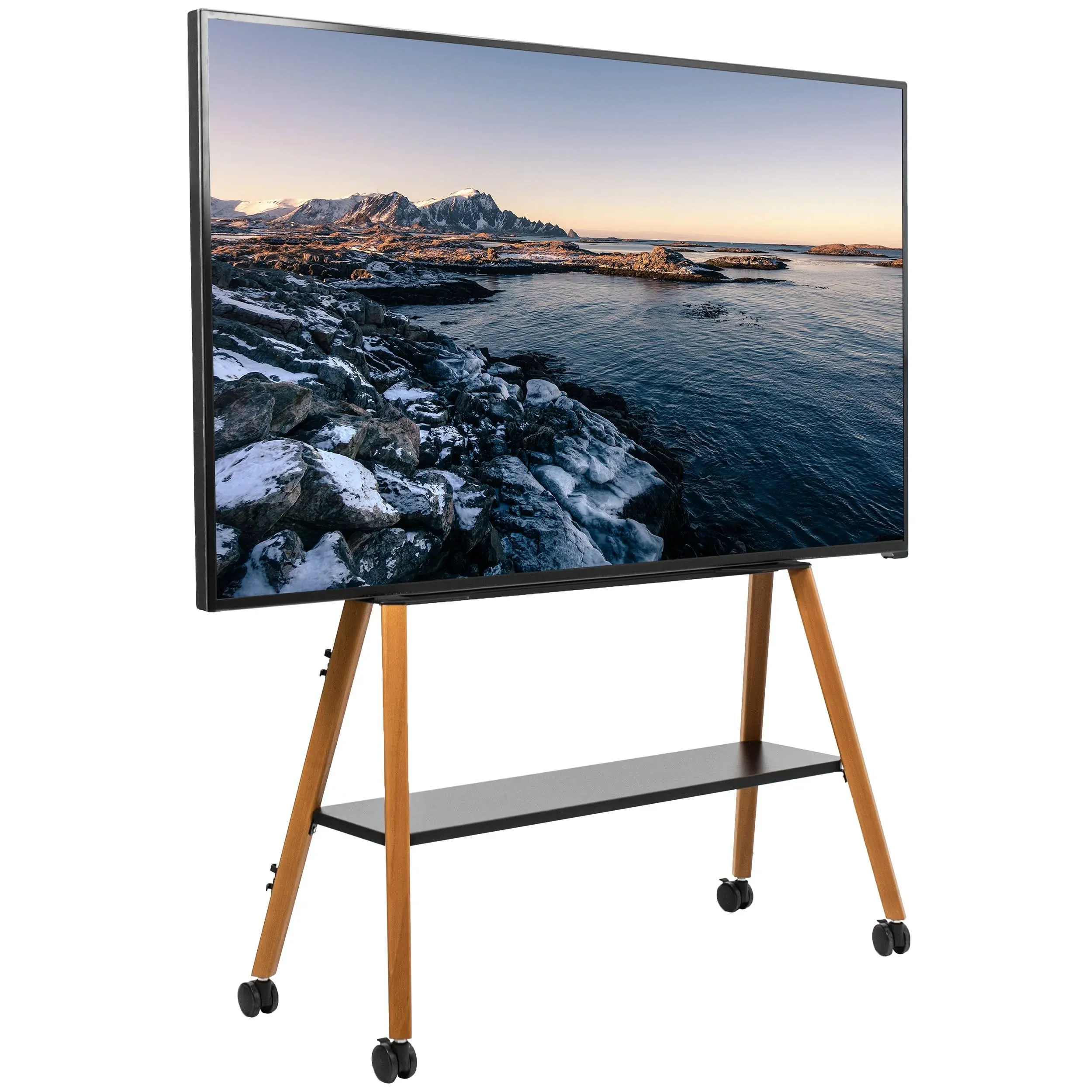 VIVO Rolling Artistic Easel 49 to 75 inch LED LCD Screen Mobile Studio TV Display Stand, Wood Accessory Shelf, Adjustable TV Mount with 4 Walnut Legs, Black Frame, STAND-TV75R