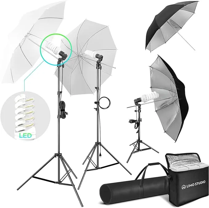 LimoStudio, 900W LED Output Lighting Series, LMS104, Soft Continuous LED Lighting Kit for White and Black Umbrella Reflector with LED Spiral Bulbs, Accessory and Carry Bag