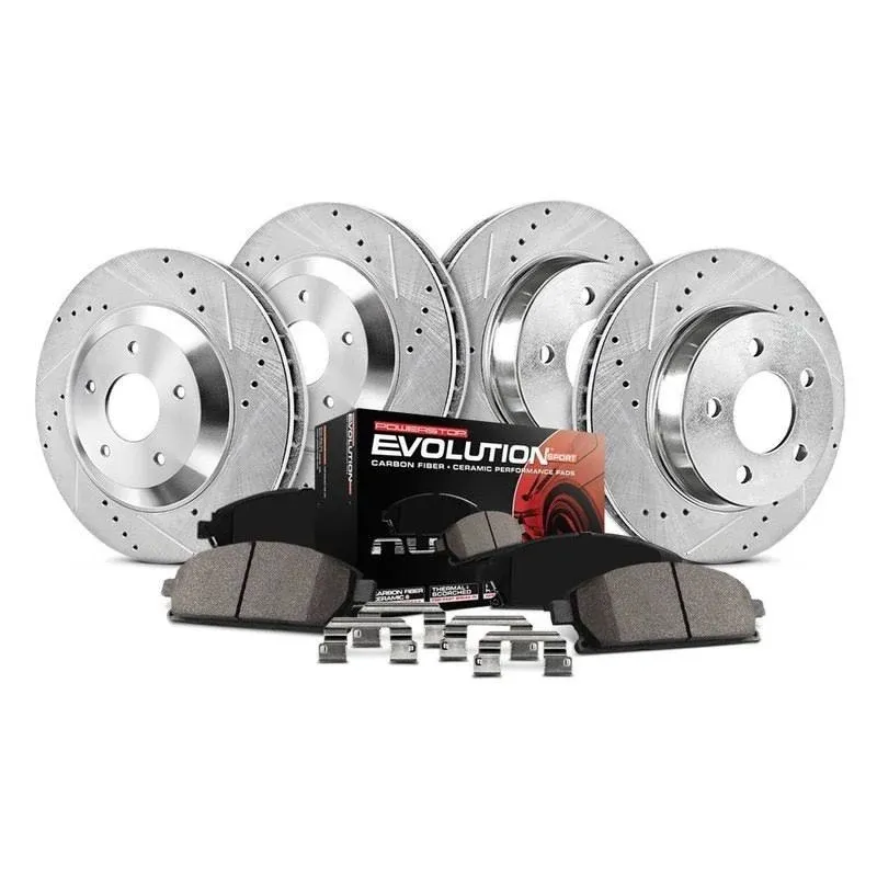 Power Stop K6130 Front and Rear Z23 Carbon Fiber Brake Pads with Drilled and Slotted Brake Rotors Kit and 1 Front & 1 Rear Sensor Wires For 2012 2013 2014 2015 2016 Audi A6 Quattro A7 Quattro