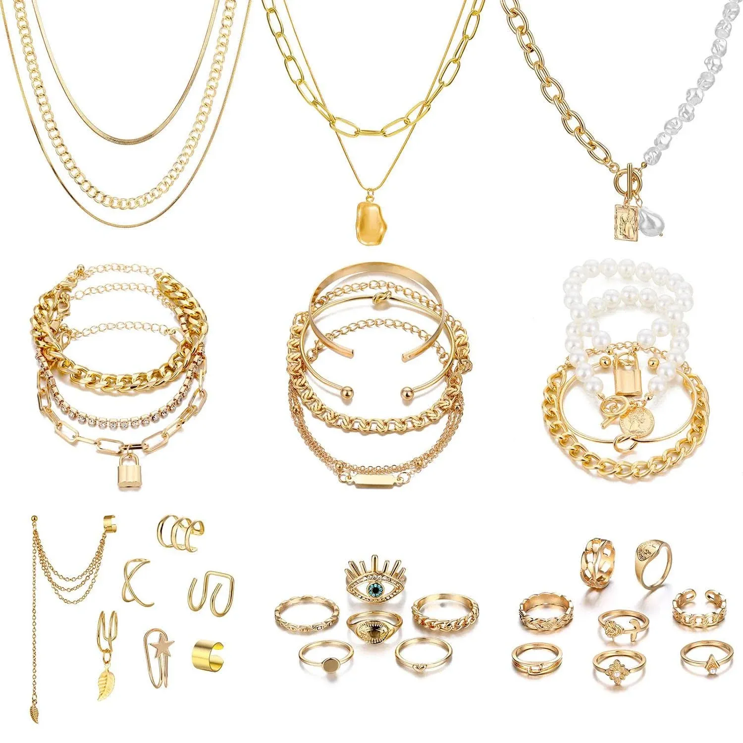 IFKM 36 Pcs Gold Plated Jewelry Set with 4 Pcs Necklace, 11 Pcs Bracelet, 7 Pcs ...