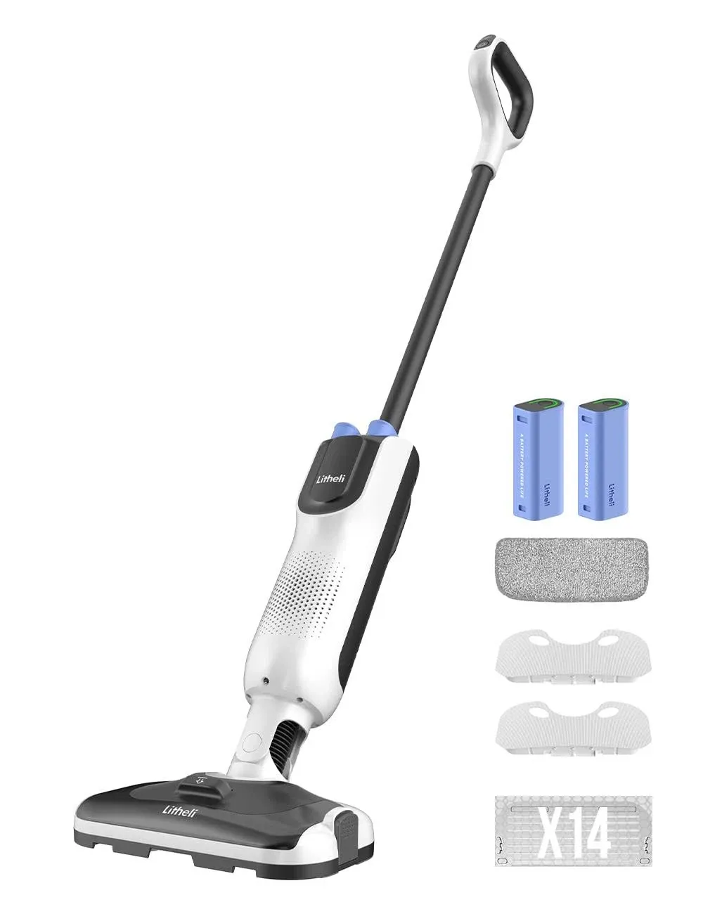 LiTHELi Cordless Vacuum Mop Cleaner, 2-in-1 Hard Floor Stick Vacuum, Wet Dry Mop, 2 Disposable Dust Boxes, 14 Disposable Pads & 1 Washable Pad, 2 Swappable 4000mAh Batteries