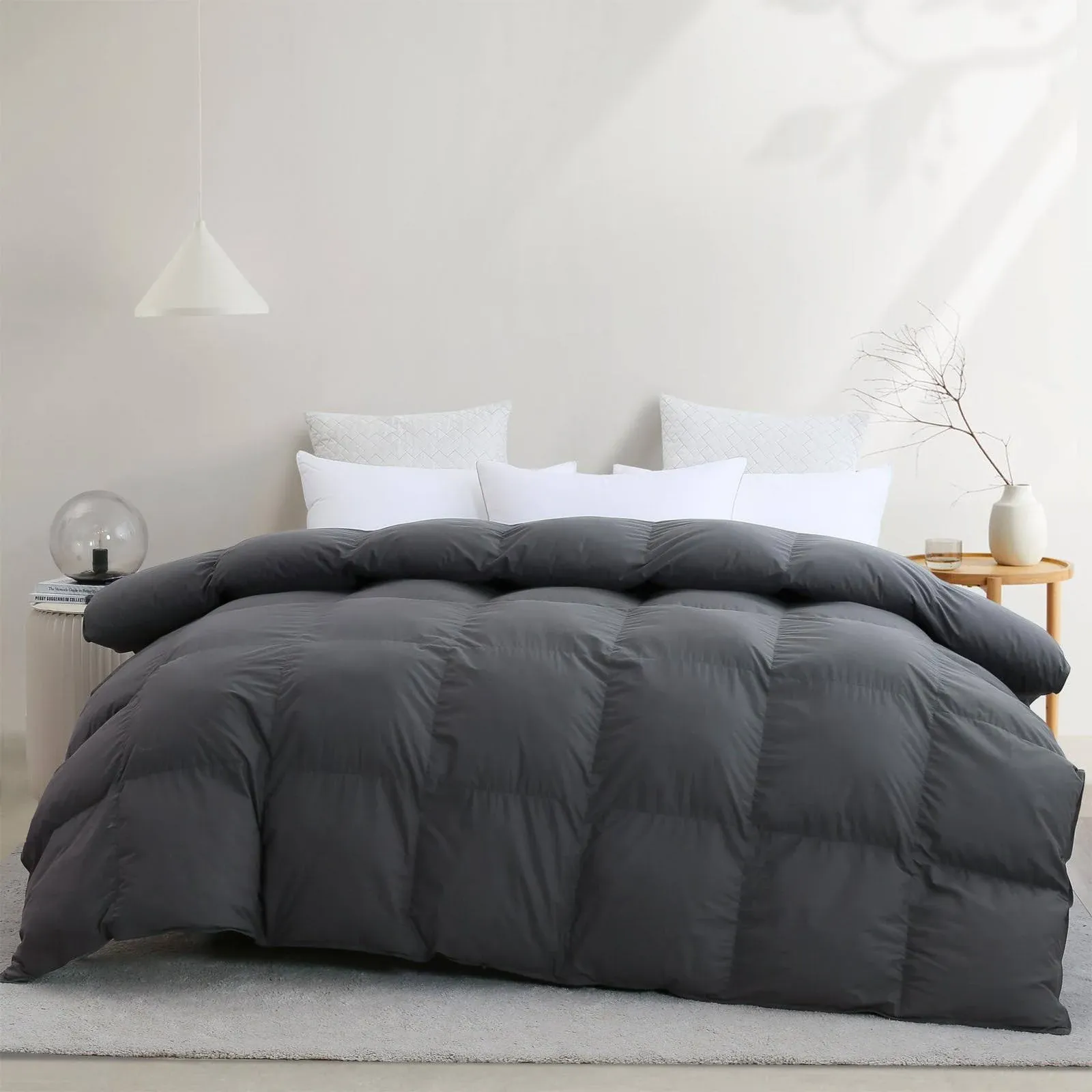 L LOVSOUL Grey Goose Down Comforter Queen Size,All Season Fluffy Down Duvet Insert,46 Oz Medium Weight for Hotel Bedding Comforter with Corner Tabs,Noisless Cover,Queen Comforter 90x90 Inch