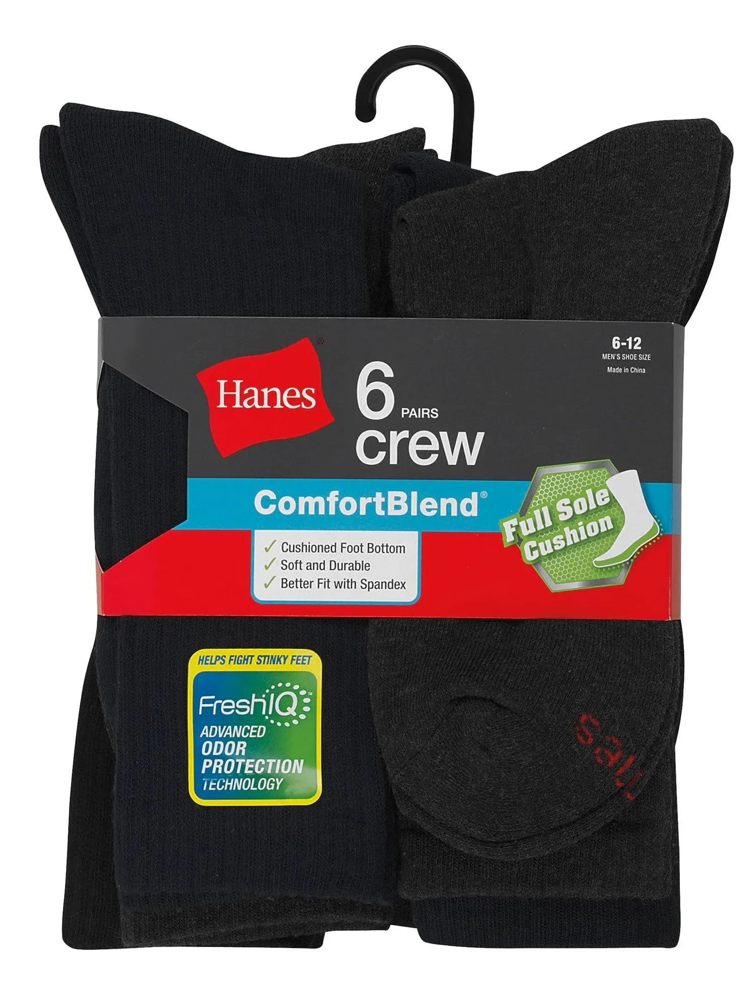 Hanes Men&#039;s Crew Socks 6 Pair Comfort Blend Fresh IQ Full Sole Cushion Size 6-12