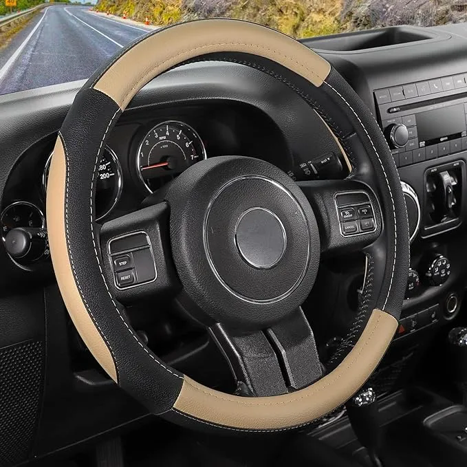 SEG Direct Car Steering Wheel Cover Large-Size for F150 F250 F350 Ram 4Runner Tacoma Tundra Range Rover Model S X with 15 1/2 inches-16 inches Outer Diameter, Beige Microfiber Leather