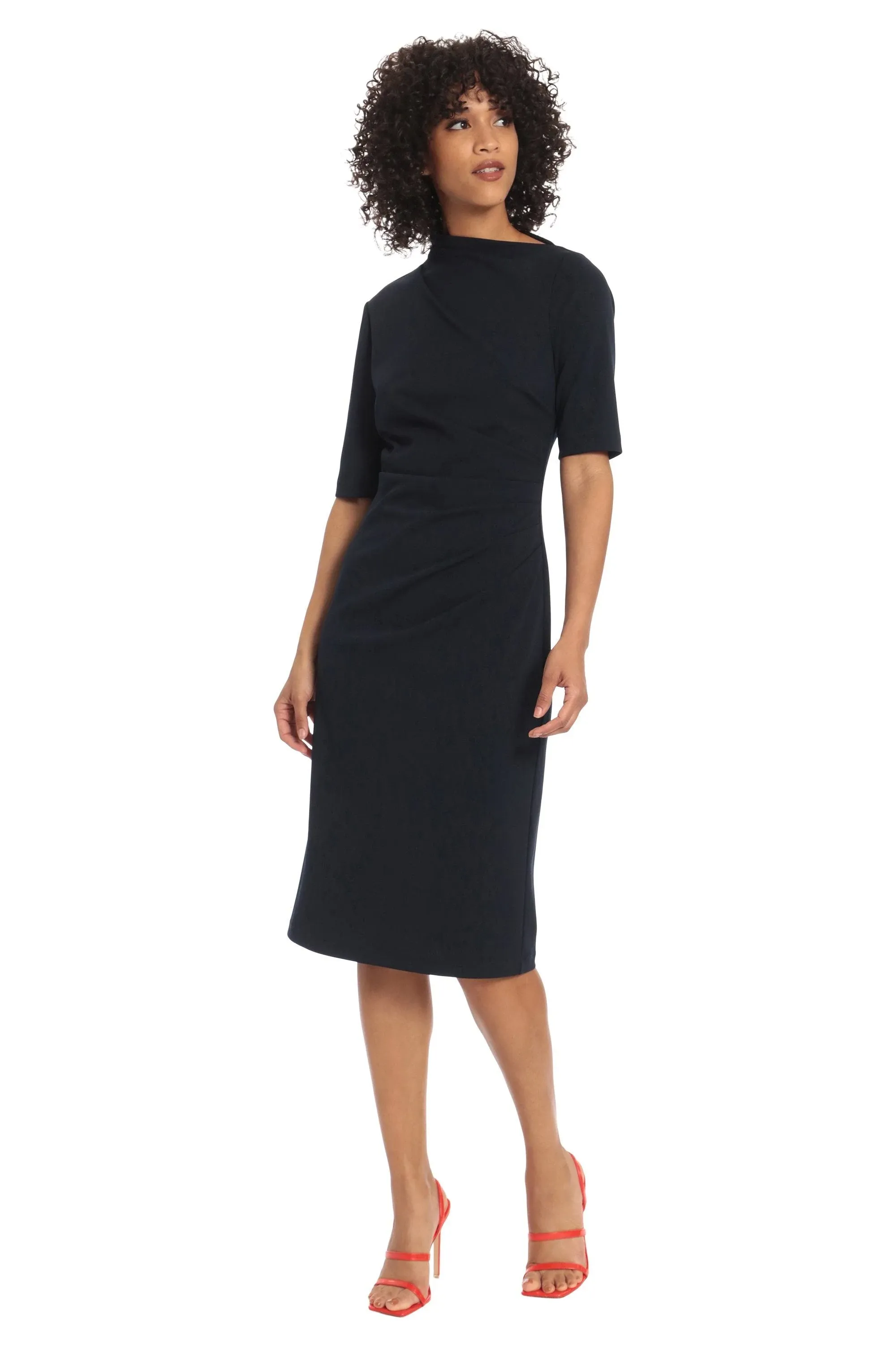 Maggy London Women's Side Pleat Dress with Asymmetric Neck and Elbow Sleeves