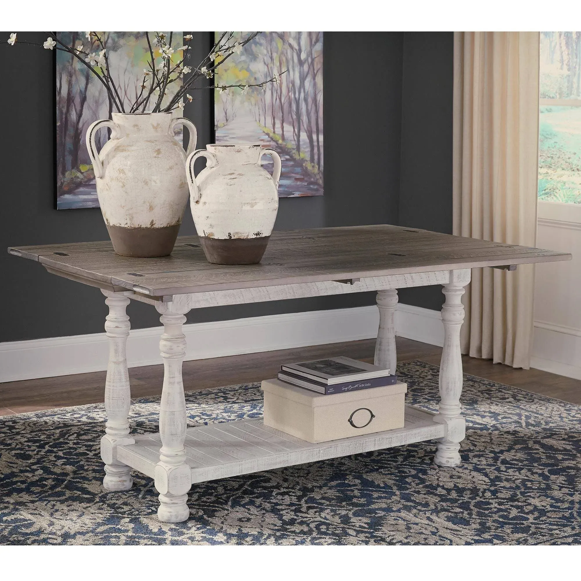 Signature Design by Ashley Havalance Farmhouse Sofa Table, Flip Top Design for Additional Dining Space and Fixed Lower Shelf, Gray & White with Weathered Finish