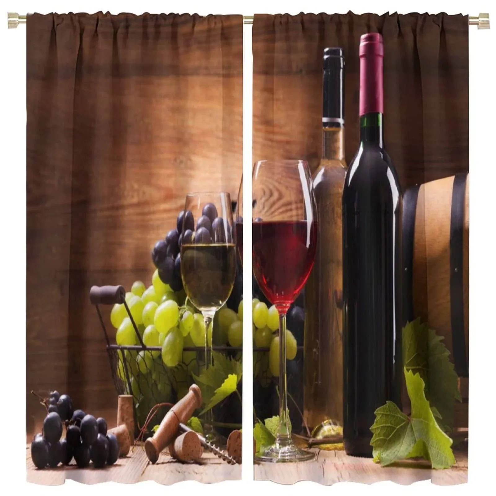 Wine Kitchen Curtains 2 Panelsglasses Of Red And White Wine Served With Grapes O