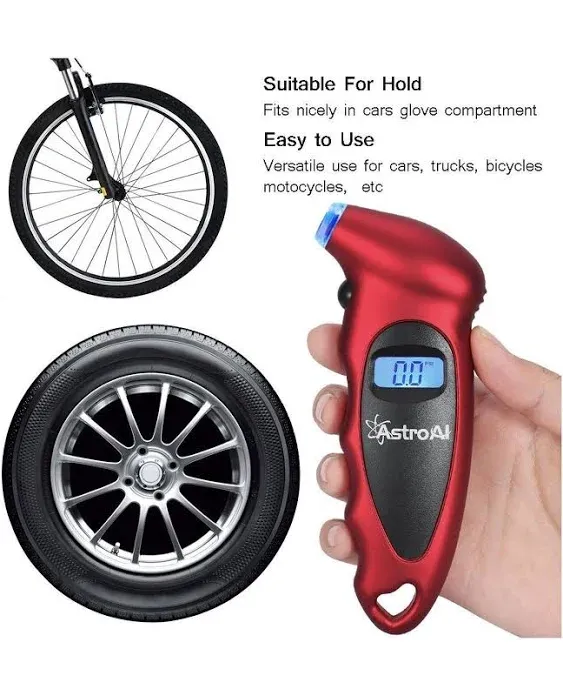 AstroAI Tire Pressure Gauge Digital 0-150PSI (Accurate in 0.1 Increments), 4 Settings Stocking Stuffers for Car Truck Bicycle with Backlight LCD and Presta Valve Adaptor, Red