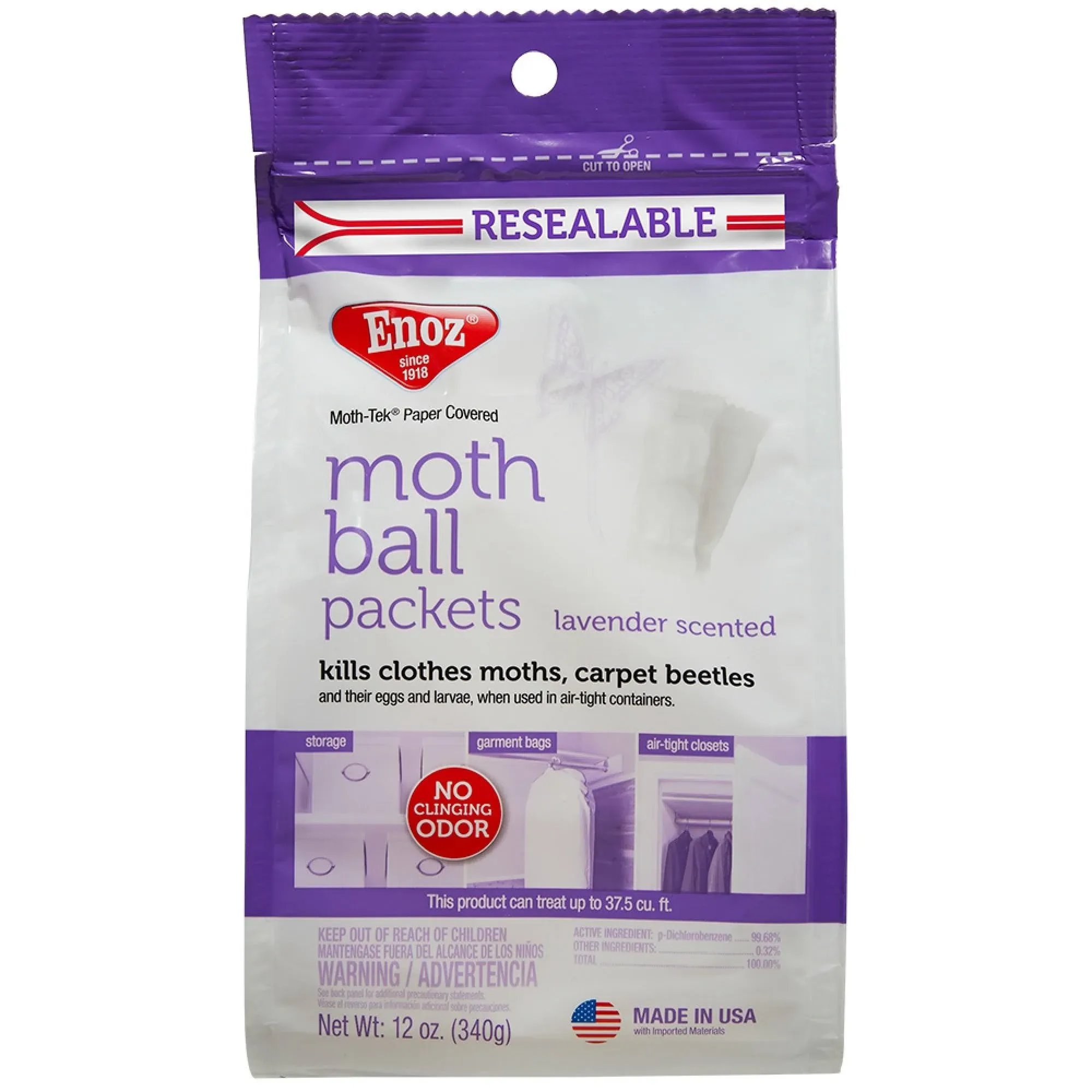 Enoz Lavender Scented Moth Ball Packets, Kills Clothes Moths, Carpet Beetles, Eggs and Larvae, 12 oz Resealable Bag