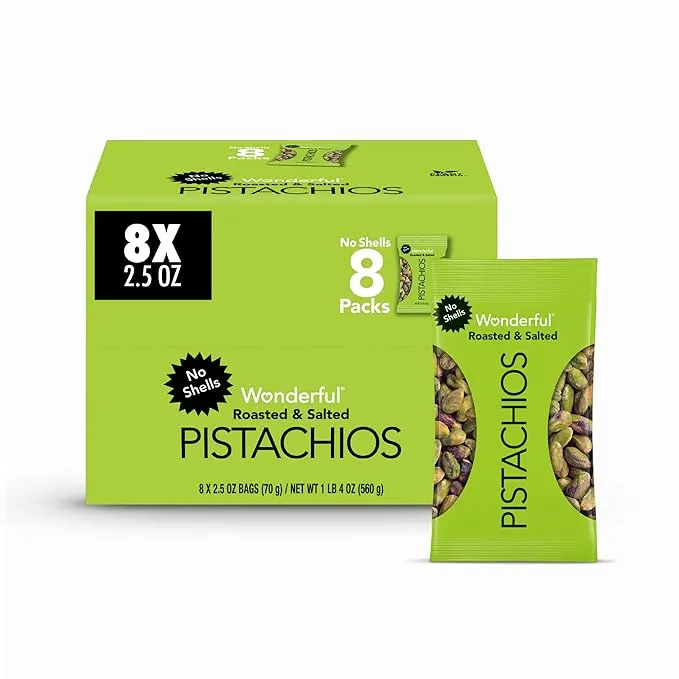 Wonderful Pistachios, No Shells, Roasted & Salted Nuts, 2.5oz (Pack of 8)