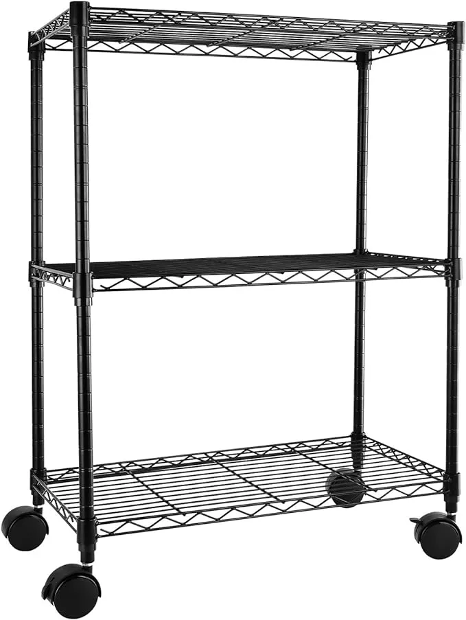 Simple Deluxe Heavy Duty 3-Shelf Shelving with Wheels, Adjustable Storage Units, Steel Organizer Wire Rack, Black