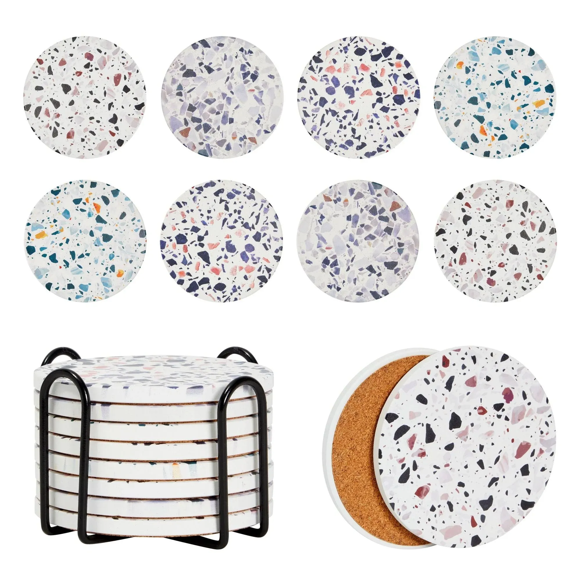 Juvale Set of 8 Round Terrazzo Ceramic Coasters with Holder and Cork Base, Housewarming Gifts (4 in)