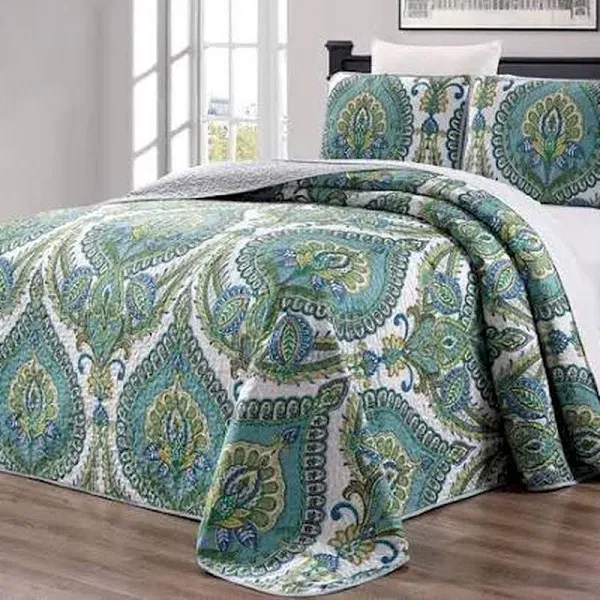 3-Piece Oversize (115 inch x 95 inch) Fine Printed Prewashed Quilt Set Reversible ...