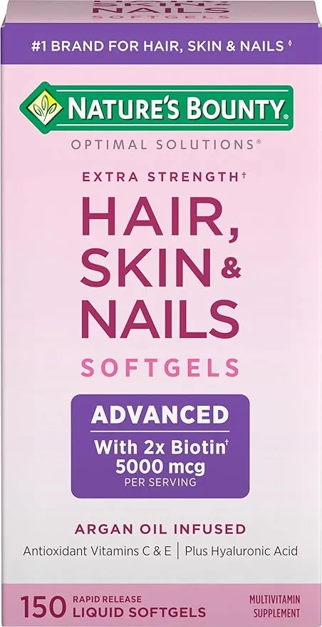 Nature's Bounty Hair, Skin & Nails Rapid Release Softgels, Argan-Infused Vitamin Supplement with Biotin and Hyaluronic Acid, Supports Hair, Skin, and Nail Health for Women, 150 Count