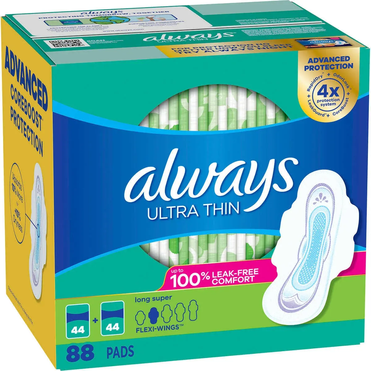 Always Ultra Thin Super Pads With Wings, Unscented, Size 2 - 58 count