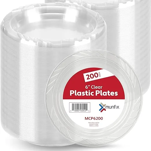 Munfix 200 Clear Plastic Plates Set - 6 Inch Plastic Dessert Plates, Disposab...