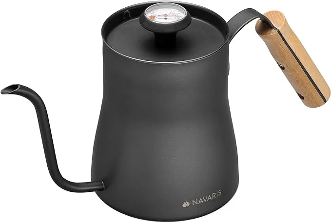 Navaris 33.8 oz (1 fl L) Gooseneck Kettle for Stove Top Burners - Stainless Steel Kettle with Pour Over Spout for Coffee or Water - with Thermometer - Copper