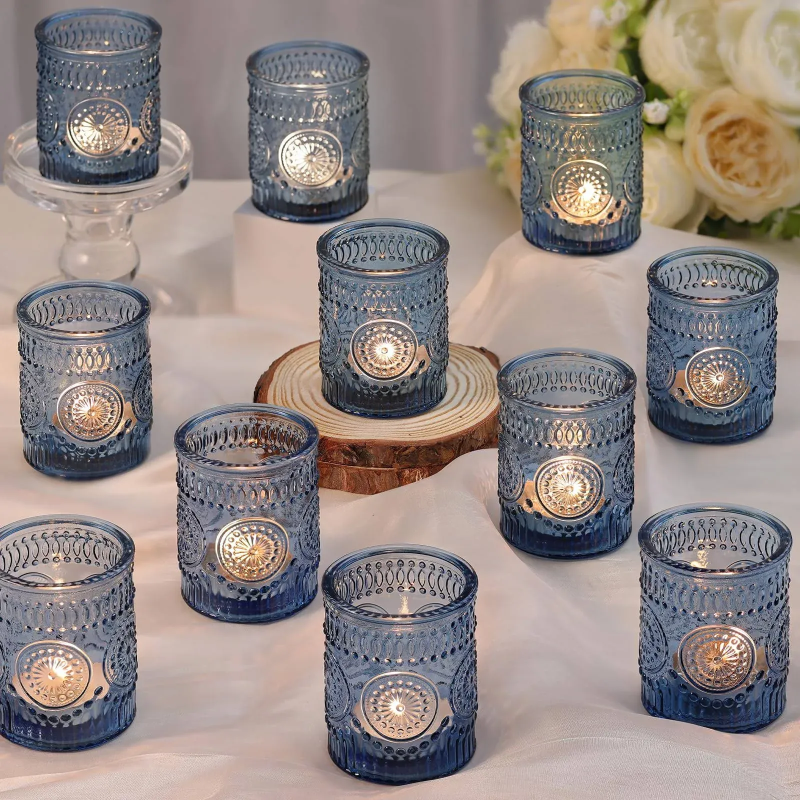 Blue Votive Candle Holders Set of 36, Tea Lights Candles Holders for Wedding Shower Gifts & Party, Blue Votives for Home Table Decorations