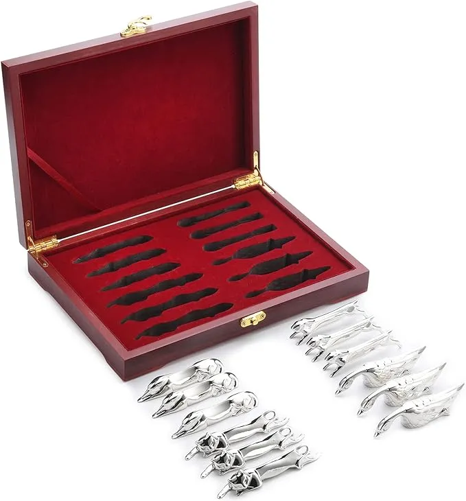 Silver Knife Rest Set ‘Animali d’Europa’ Cutlery Rest Set with Dark Wood Gift Box (Set of 12 Silverware Rests)