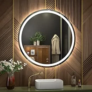 KWW 28 inch Large Modern LED Round Bathroom Vanity Mirror, Color Temperature Adjustable, Anti-Fog Dimmable Lights, Easy to Install, Wall Mounted