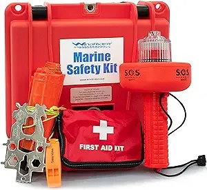 USCG Approved Boat Safety Kit - Electronic Flare - First Aid Kit - Whistle - Multi Tool - Waterproof Case Coast Guard Boating Marine Flares Emergency Distress Signals