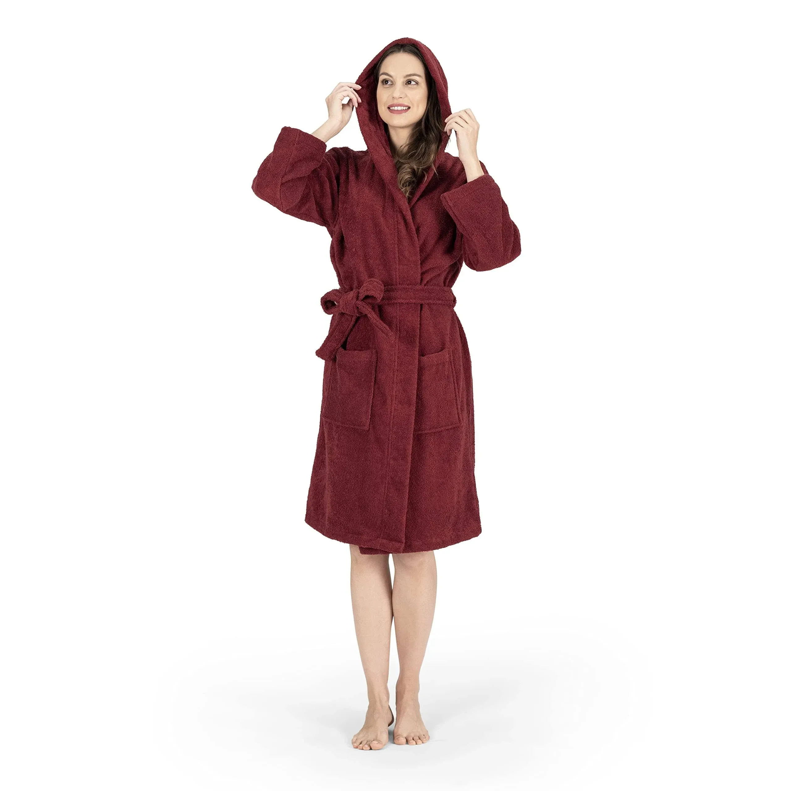 Nine West Hooded Terry Cotton Unisex Bathrobe Collection - M - Red