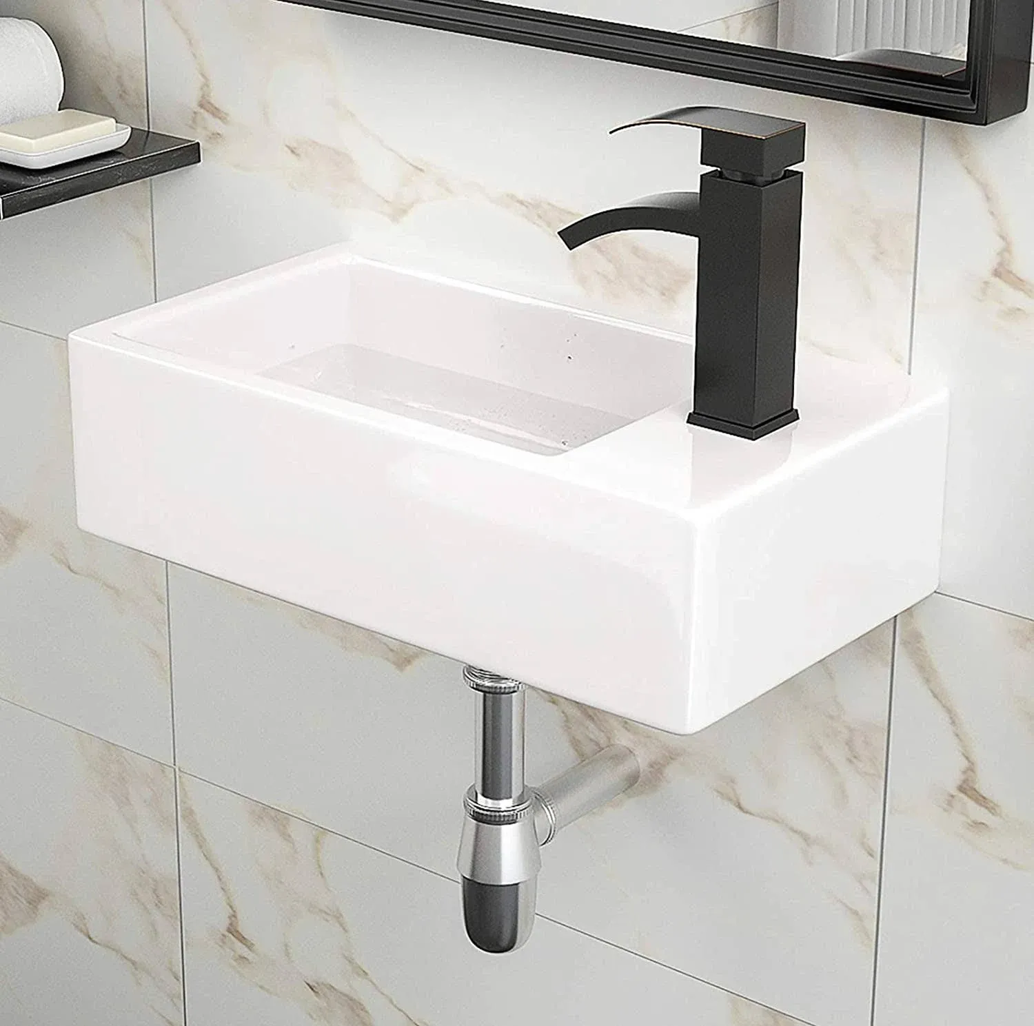 18 Inch Bathroom Vessel Sink - 18 x 10 Inch Small Wall Mount Rectangle Sink White Porcelain Ceramic Bathroom Sink with Single Faucet Hole Wall Hung Art Basin