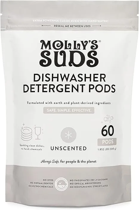 Molly's Suds Dishwasher Pods | Natural Dishwasher Detergent, Cuts Grease & Rinses Clean (Residue Free) for Sparkling Dis