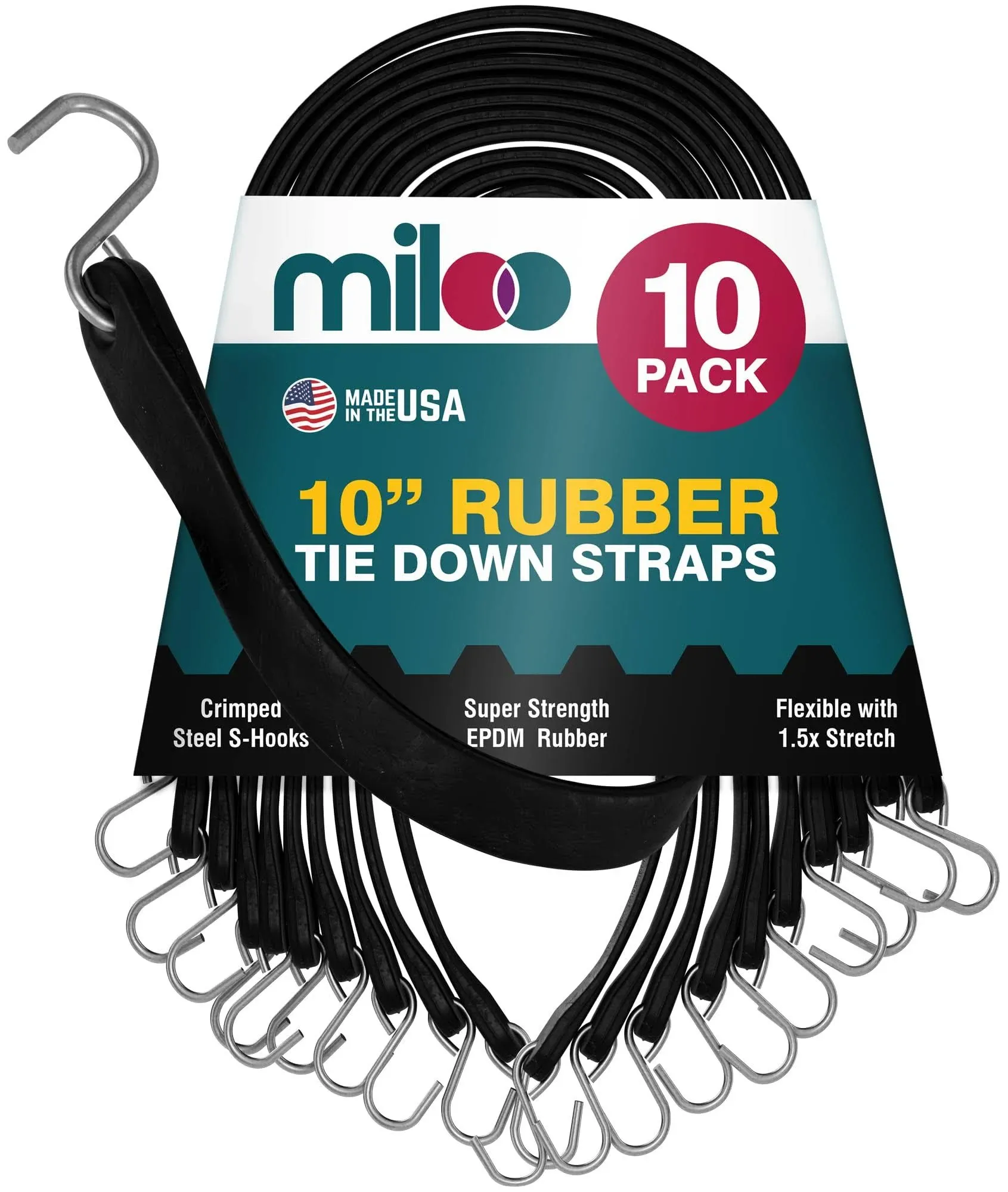 Rubber Bungee Cords with Hooks Made in USA 10 Pack 10&#034; Long EPDM Rubber