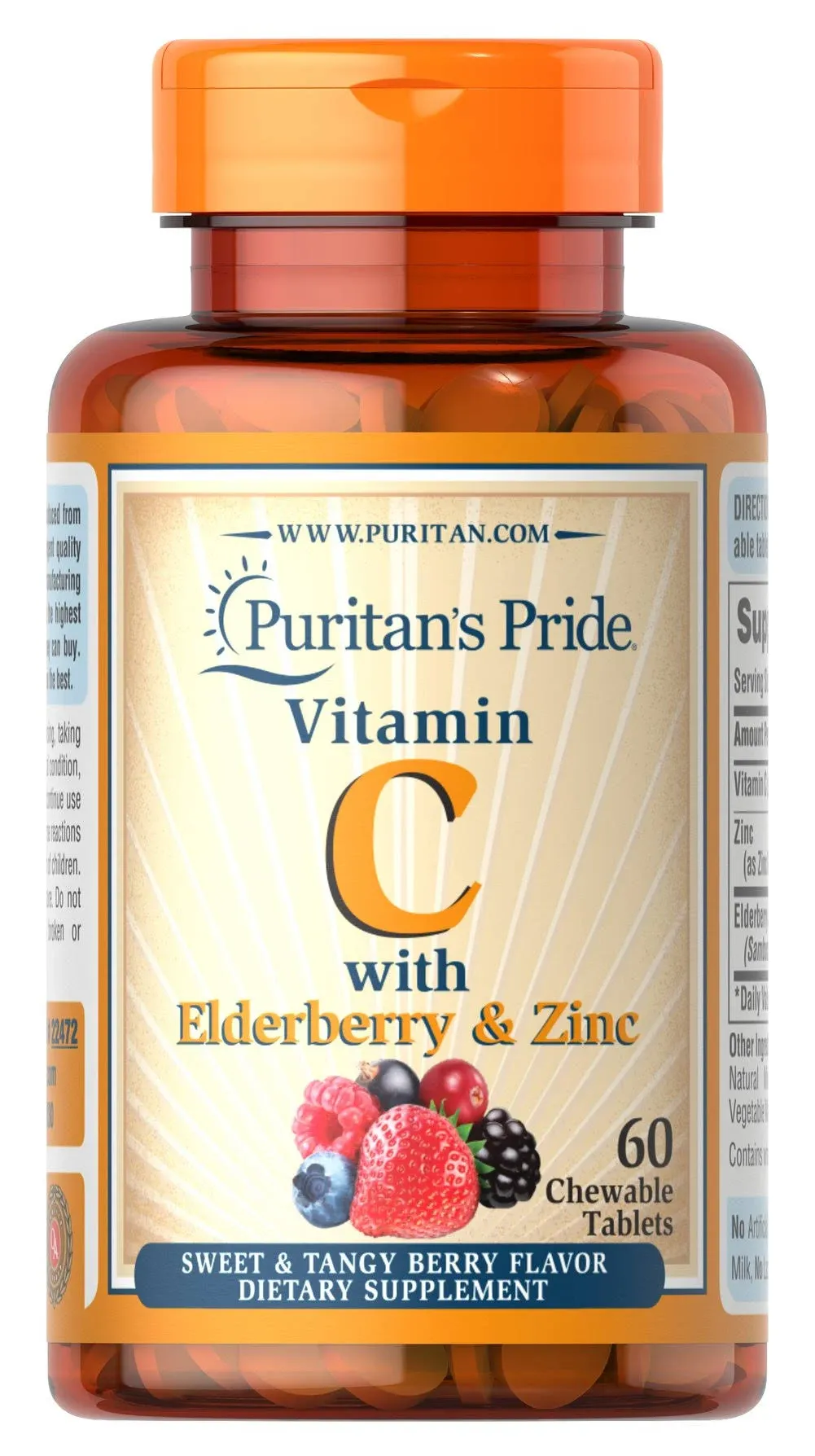 Puritan's Pride Vitamin C with Elderberry & Zinc for Immune System Support, Chewables, 60 Count (Pack of 1)