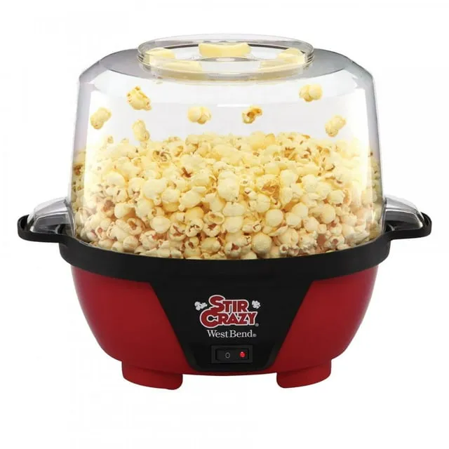 West Bend Stir Crazy Popcorn Machine Electric Hot Oil Popper Includes Large Lid for Serving Bowl and Convenient Nesting Storage, 6-Quart, Red