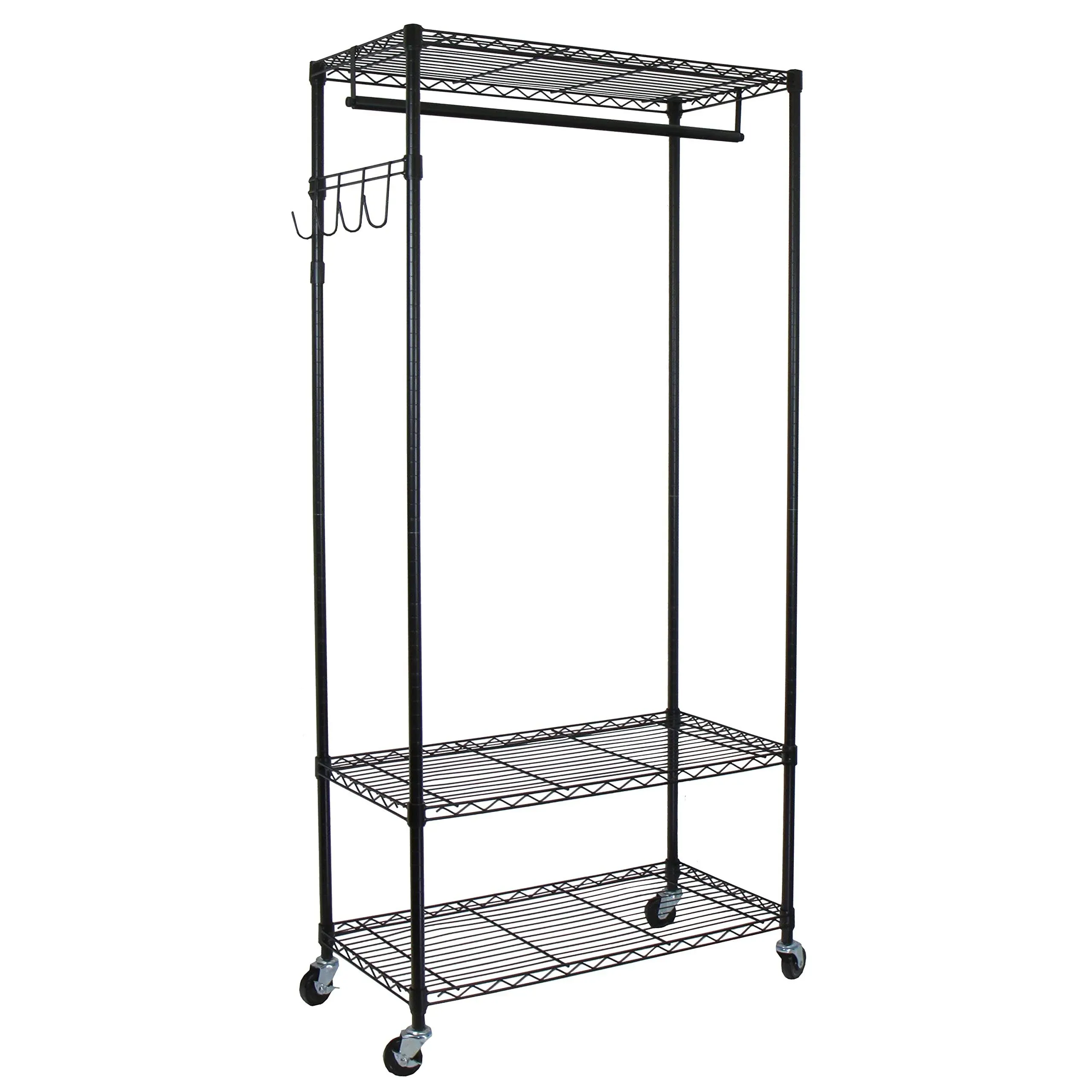 Oceanstar Heavy Duty Rolling Storage Garment Rack with Adjustable Shelves and Hook,Black