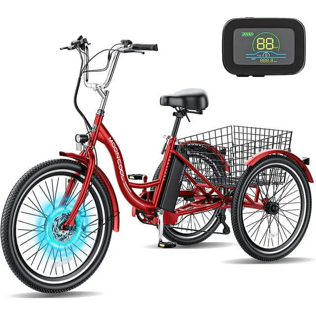 MOONCOOL 24'' Electric Tricycle for Adults, 350W 36V 7 Speeds Electric Trike, 3 Wheels Adult Electric Tricycle Bicycle with Large Basket