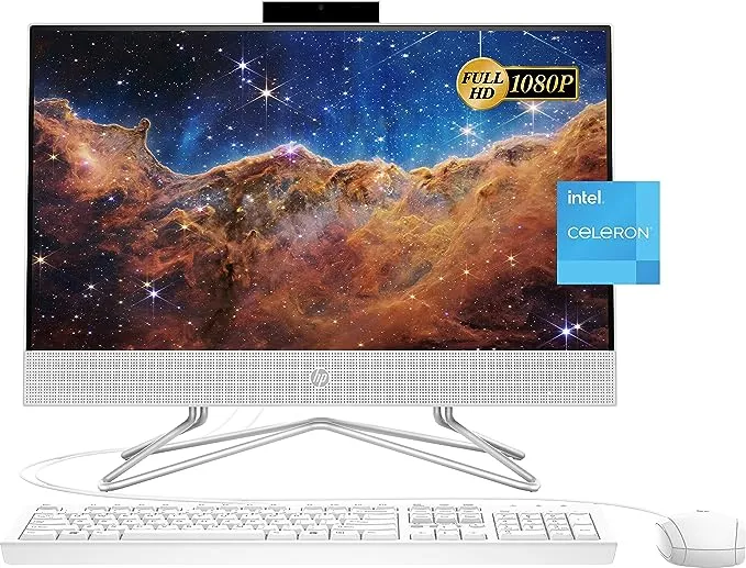 HP 2022 Neuester All-in-One-Desktop, 54,6 cm (21,5 Zoll) FHD-Display, Intel Celeron J4025 Prozessor, 8 GB RAM, 256 GB PCIe SSD, Webcam, WLAN, HDMI, RJ-45, kabelgebundene Tastatur und Maus, Windows 11 Home, Weiß