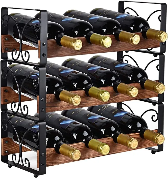 X-cosrack 3 Tier Wine Rack for 12 Bottles, Stackable Wine Organizer, Freestanding Wine Bottle Holder for Kitchen Counter or Bar, Durable Wooden & Iron Display Shelf with Patent Design