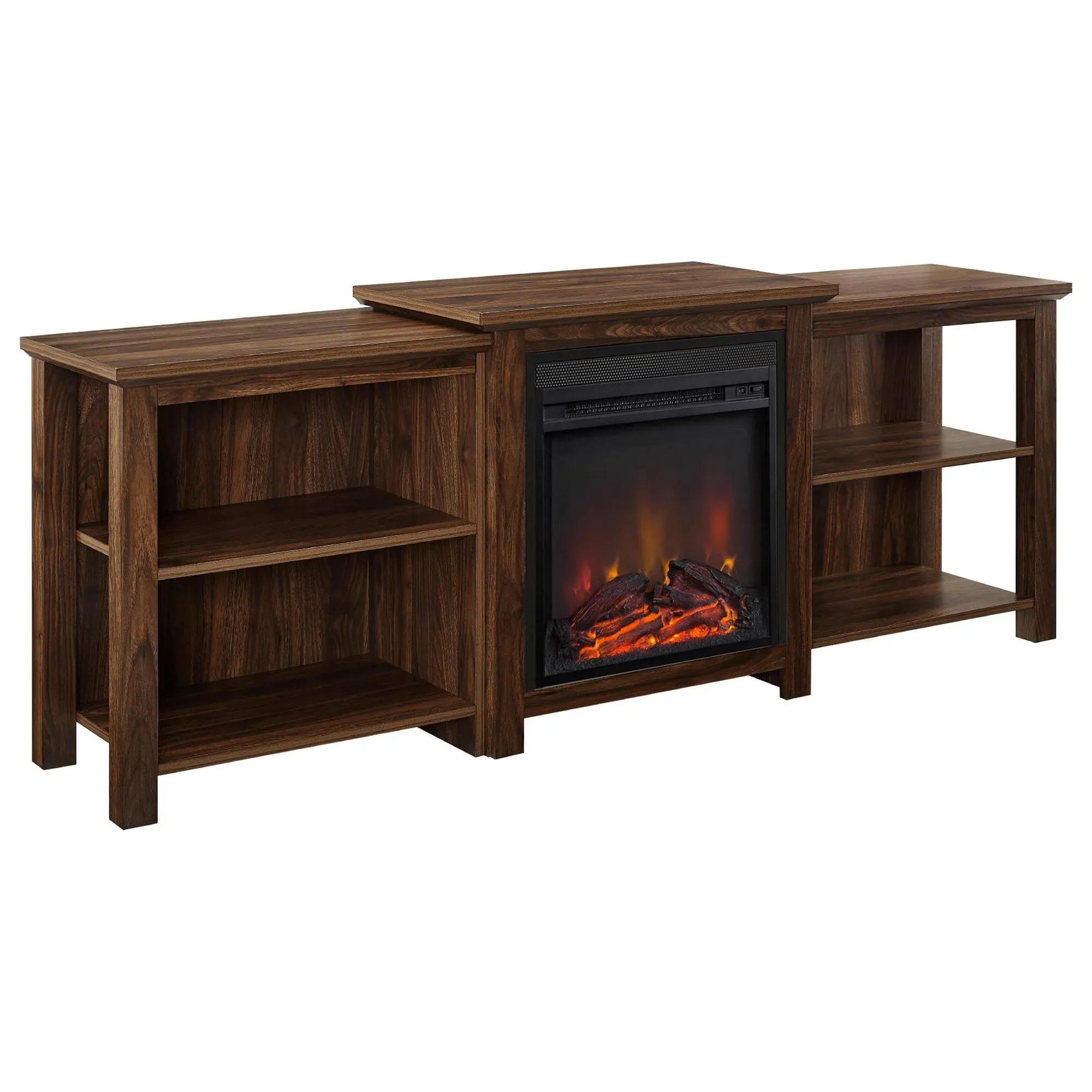 Walker Edison Tiered Wood Fireplace TV Stand with Open Shelves for TV's up to 80" Flat Screen Universal TV Console Living Room Storage Shelves Entertainment Center, 70 Inch, Dark Walnut