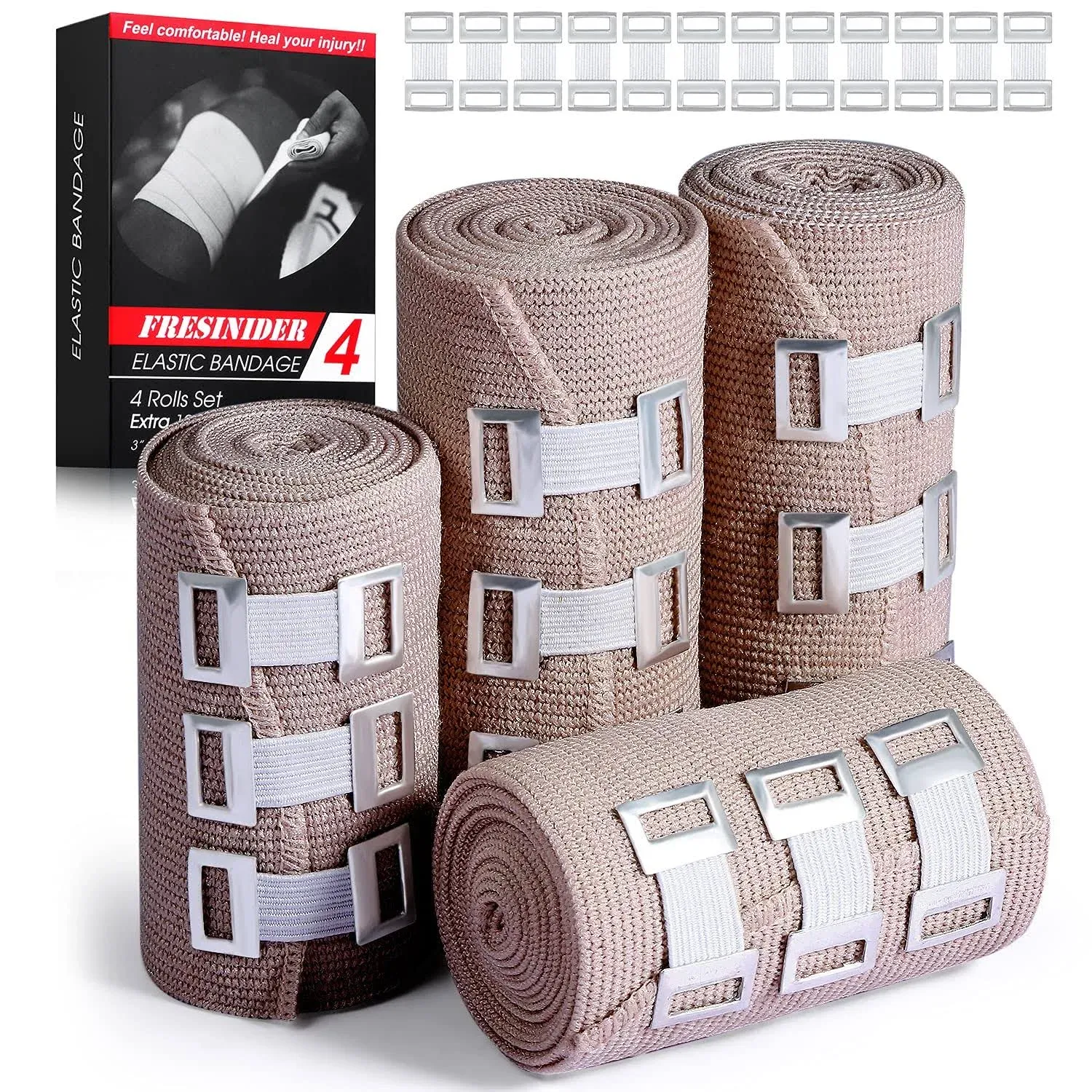 Elastic Bandage Wrap 4 pc (2 X 3&#034;+ 2X4&#034;Wide Rolls)+24 Clips |Compression Bandage