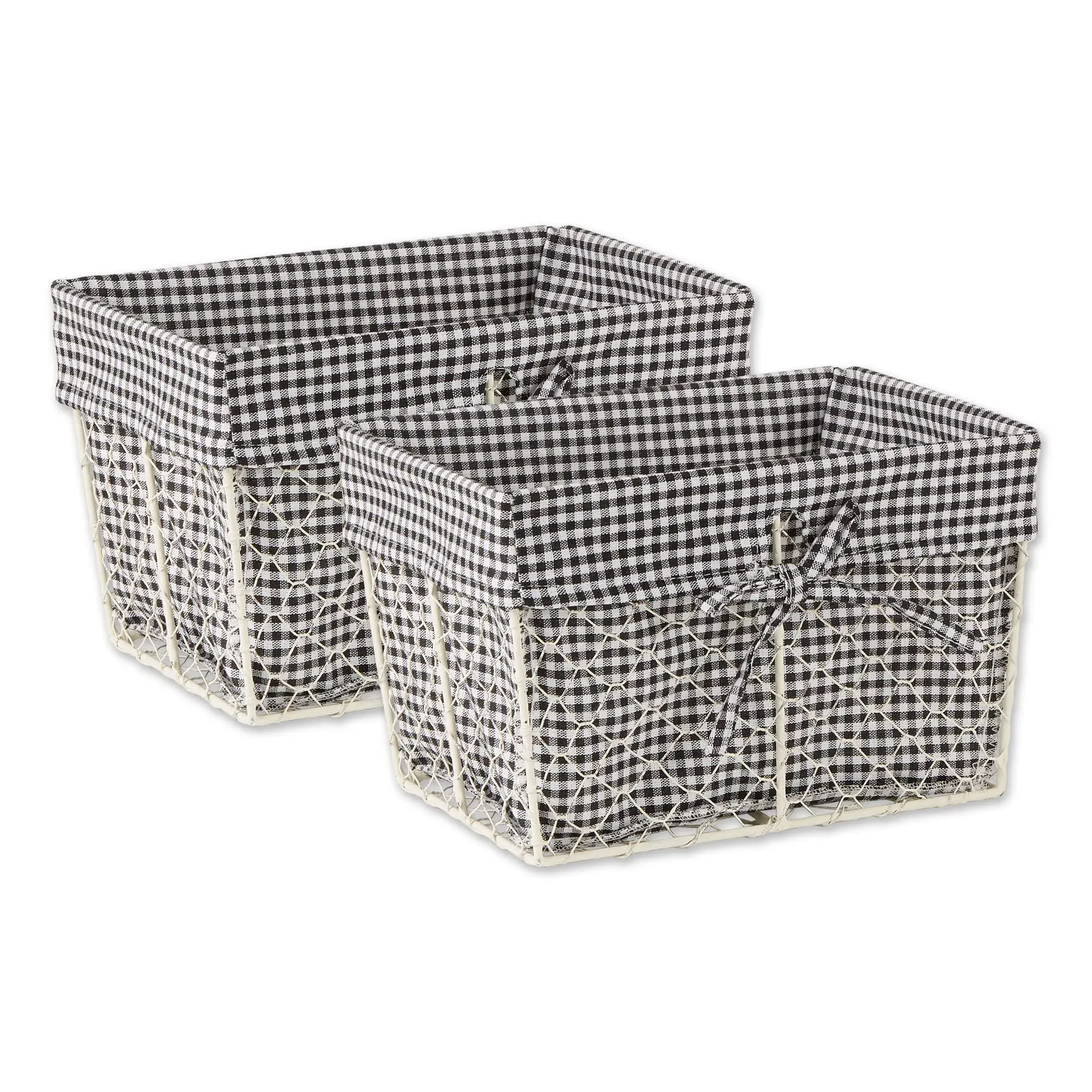 Design Imports Set of 2 M Antique White Chicken Wire Gingham Check Liner Baskets Black/White: Decorative Iron & Cotton Baskets