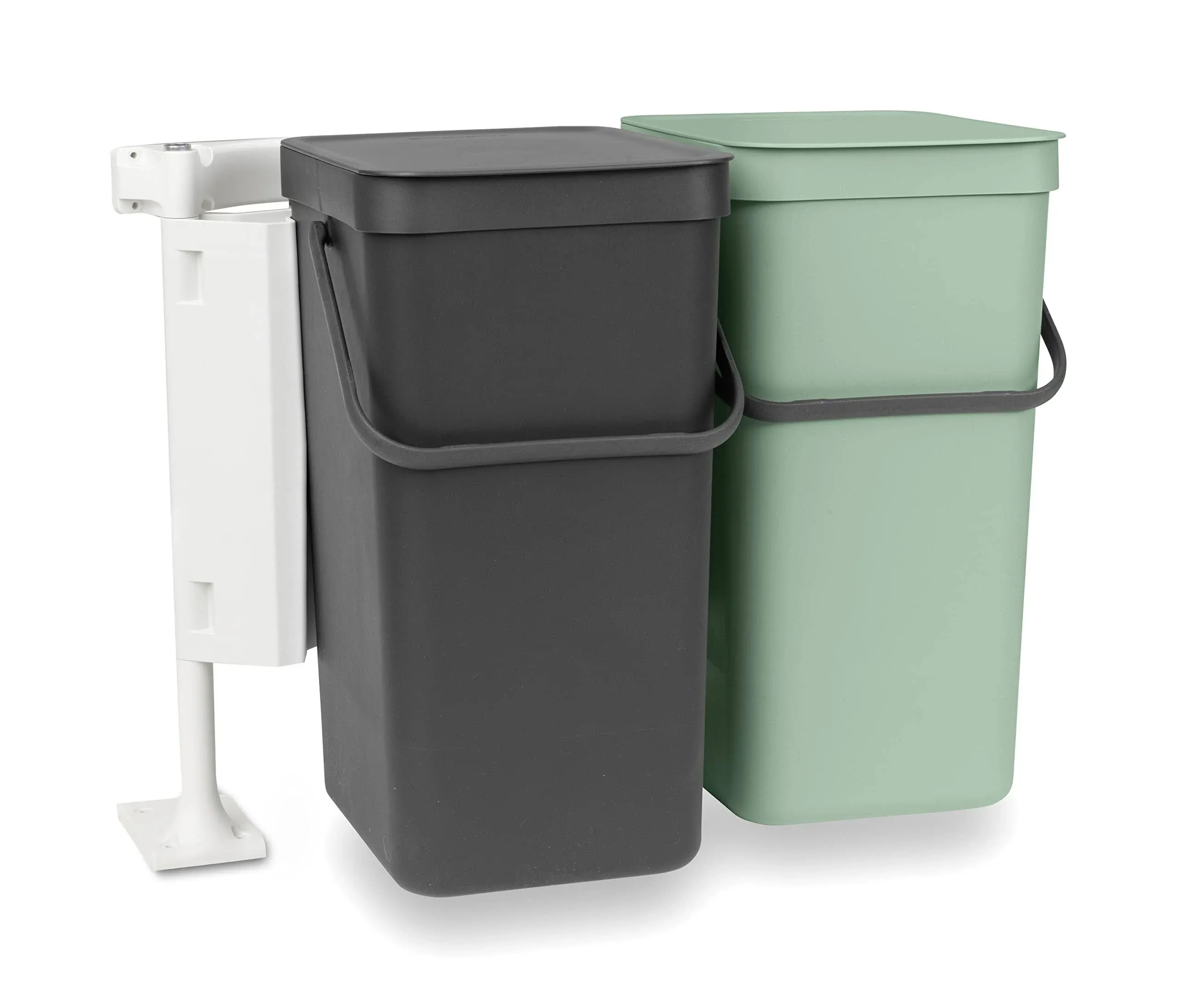 Brabantia Sort & Go Built-in Cupboard Recycling Cans (2 x 4.2 Gal/Dark Gray & Jade Green) Double Door Mounted Trash Organisers with Handles & Removable Lids