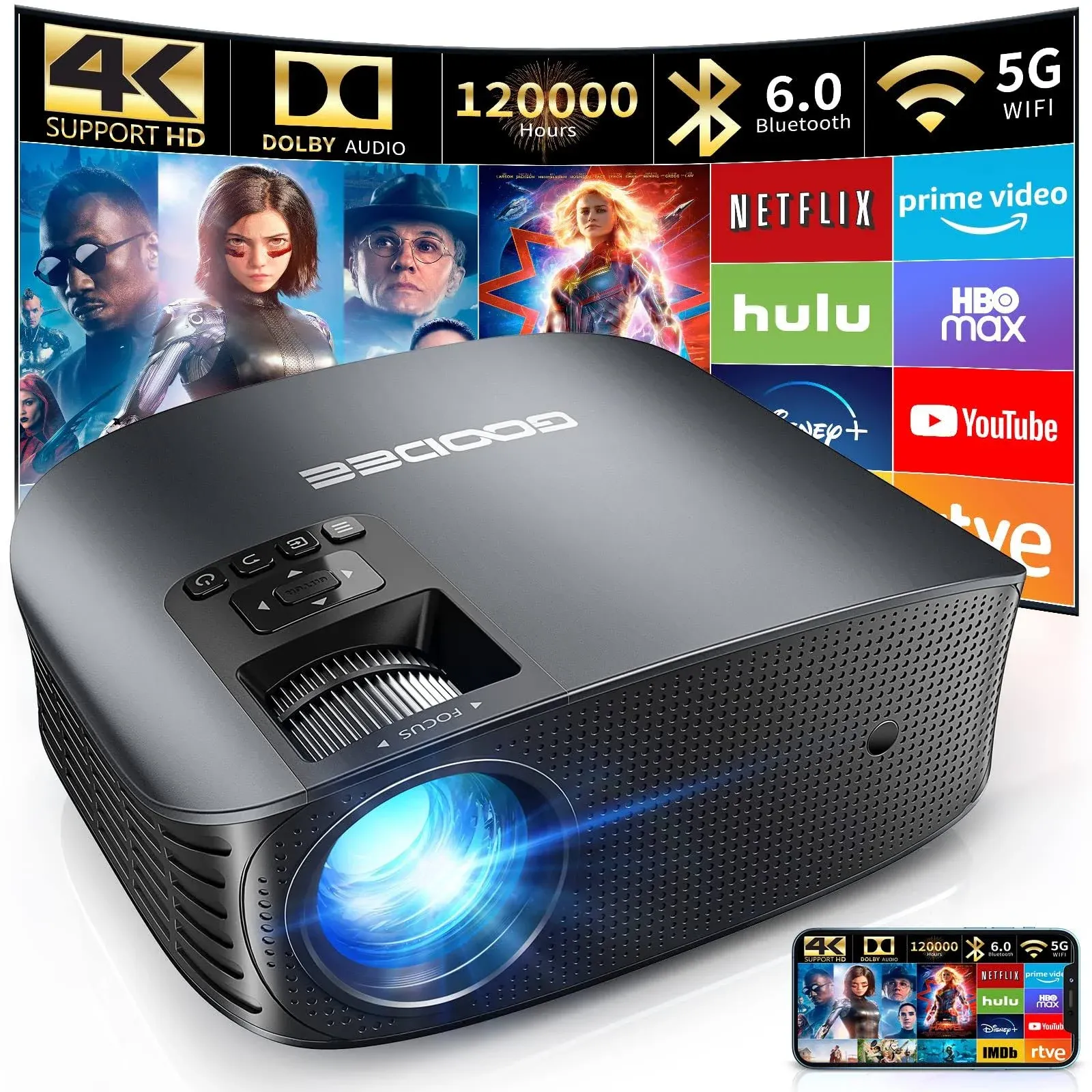 GooDee Projector 4K With WiFi And Bluetooth Supported, FHD 1080P Mini Projector For Outdoor Moives, 5G Video Projector For Home Theater Dolby Audio Zoom